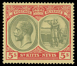 Saint Kitts-Nevis: 1920-22 Watermark Mult. Crown CA 5s. green and red ...