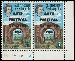 Saint Kitts-Nevis: 1964 Arts Festival 3c. overprint double variety, ...