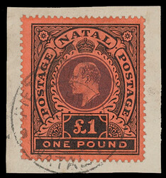 South Africa: Natal: 1908-09 Watermark Mult. Crown CA £1 purple and ...