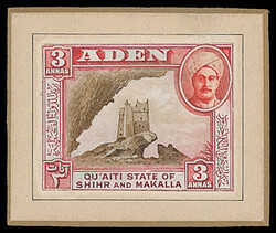 Aden: Qu'aiti State in Hadhramaut: 1942 3a. stamp sized hand painted ...