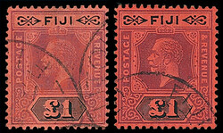 Fiji: 1912-23 £1 purple and black on red, die I and II good used. S ...