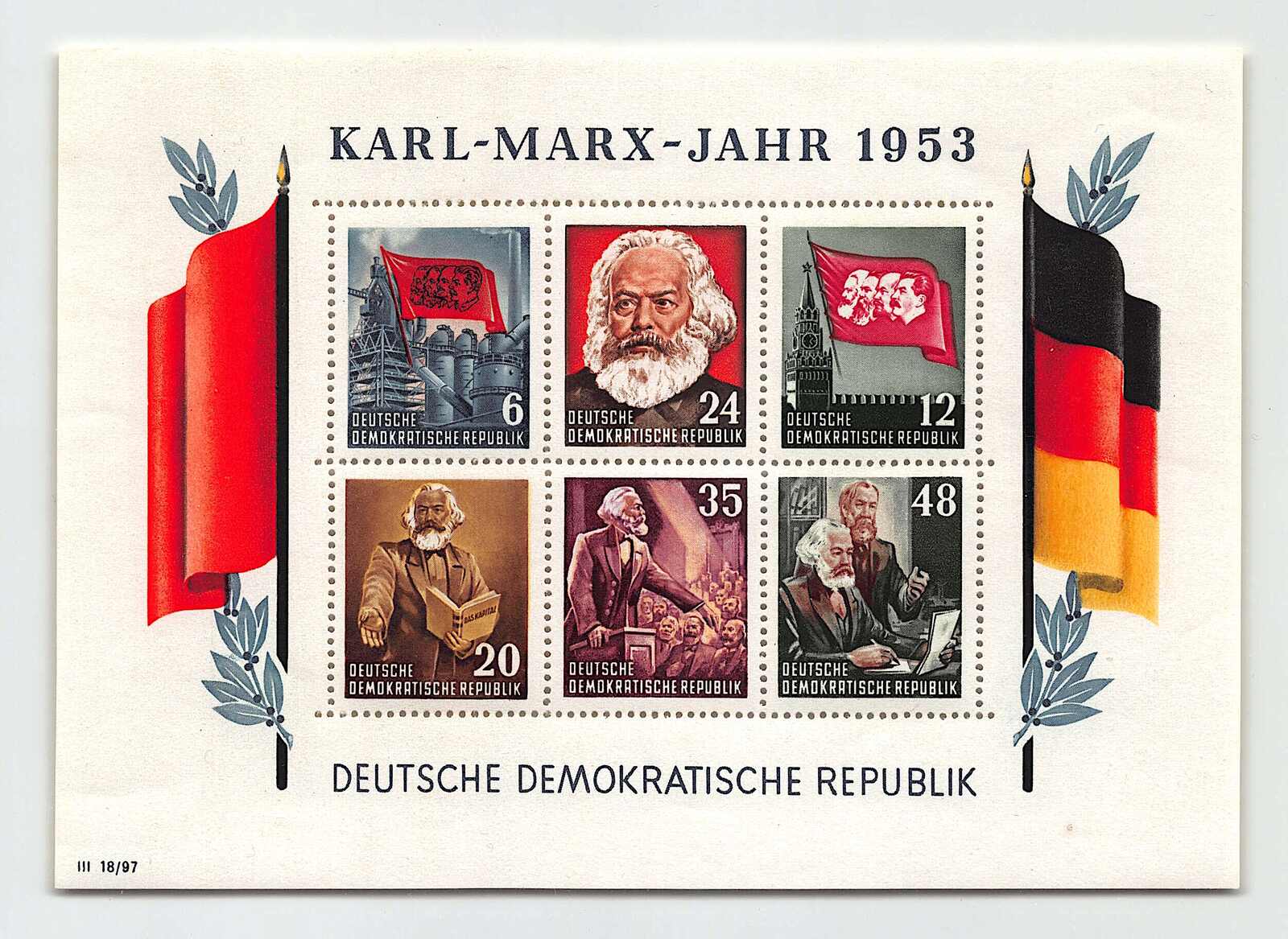 1953, 6 bis 48 Pf, Karl Marx, Blockausgabe, gezähnt, Wasserzeichen ...