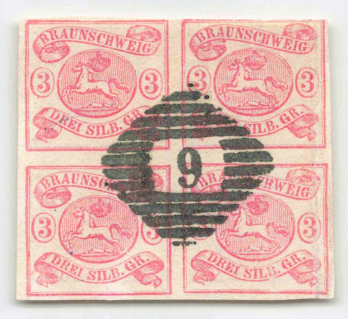 1861, viermal 3 5gr. lebhaftilarot, Wappen im Oval, im VIERERBLOCK, ...