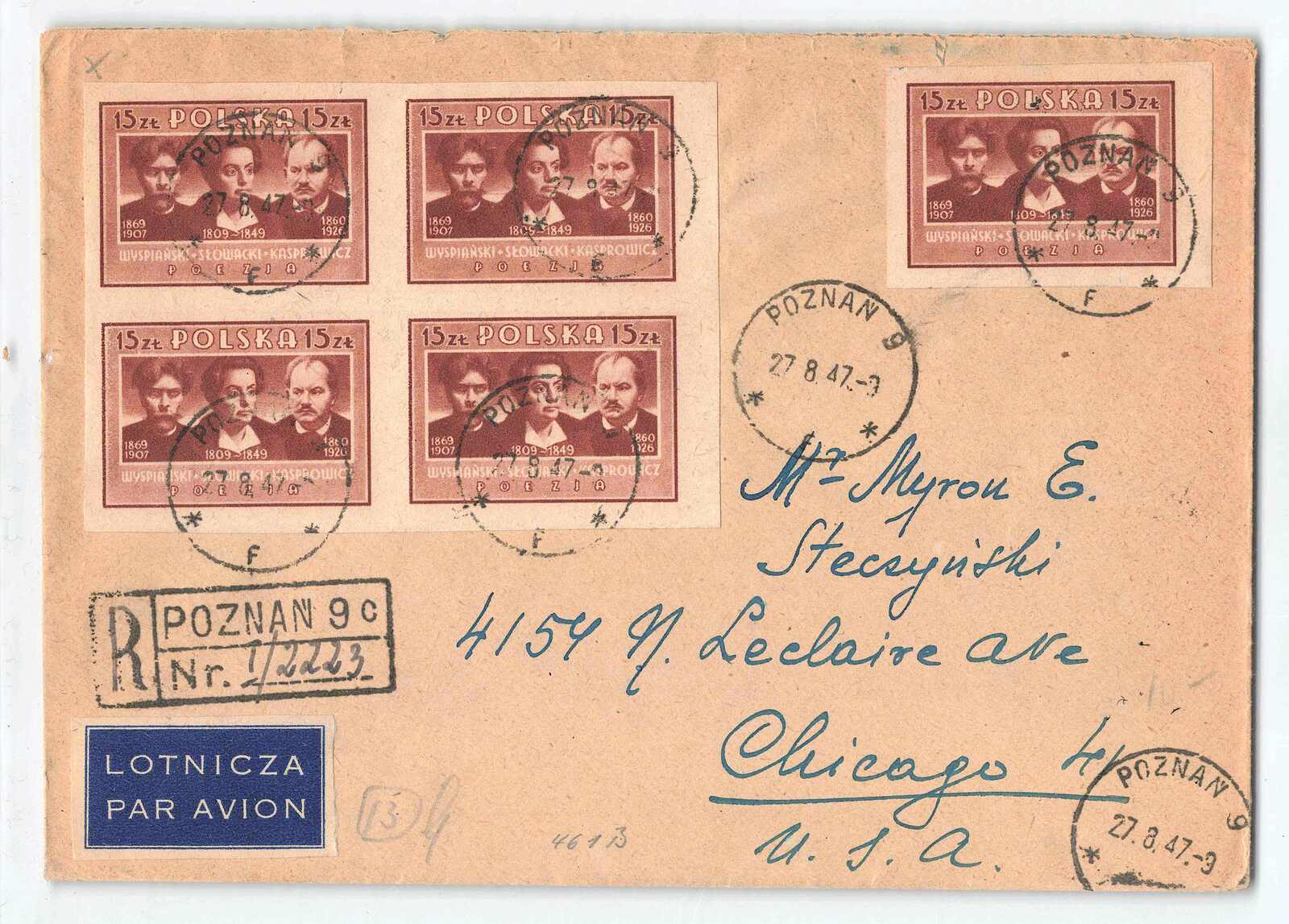 1947, fünfmal 15 Zl., Polnische Kultur, als Mehrfachfrankatur, mit ...