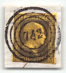 1850, 3 Sgr. schwarz auf gelb, lupen- bis breitrandig mit zentrisch ...