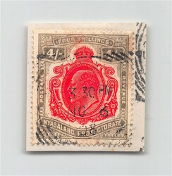 1908, 4 Sh, Edward VII., tadellos, mit quadratischem Kreisstempel ...