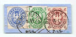 1861, 4 Pfg grün, 6 Pfg orange (oxydiert) und 2 Sgr. blau, Wappen, ...