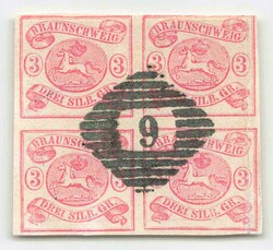 1861, viermal 3 5gr. lebhaftilarot, Wappen im Oval, im VIERERBLOCK, ...