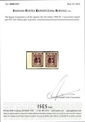 Indore 1904-20 2 anna brown imperf pair (SG 12a) without gum. ISES ...