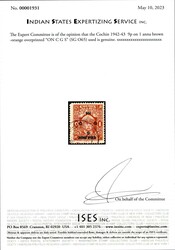 Cochin 1942-43 9p on 1 anna brown-orange overprinted “ON C G S” ...