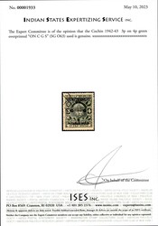 Cochin 1942-43 3p on 4p green overprinted “ON C G S” (SG O63) ...