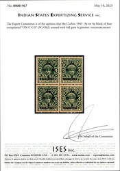 Cochin 1943 3p on 4p block of four overprinted “ON C G S” (SG ...