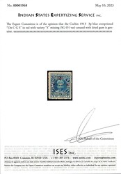 Cochin 1913 3p blue overprinted “On C G S” in red with variety ...