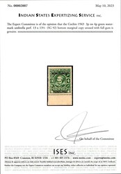 Cochin 1943 3p on 4p green watermark umbrella perf. 13 x 13½ (SG 92) ...