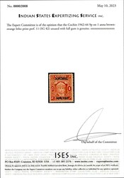 Cochin 1942-44 9p on 1 anna brown-orange litho print perf. 11 (SG 82) ...