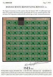 1894 3a yellow-green part sheet of 55 stamps from the Waterlow ...