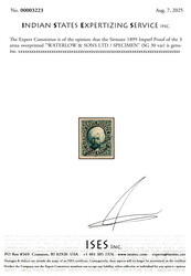 1899 Imperf Proof of the 3 anna overprinted "WATERLOW &amp; SONS LTD ...