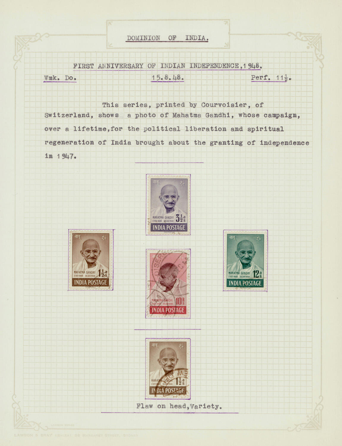 India 1948 Gandhi: complete set used, mounted on sheet, including an ...