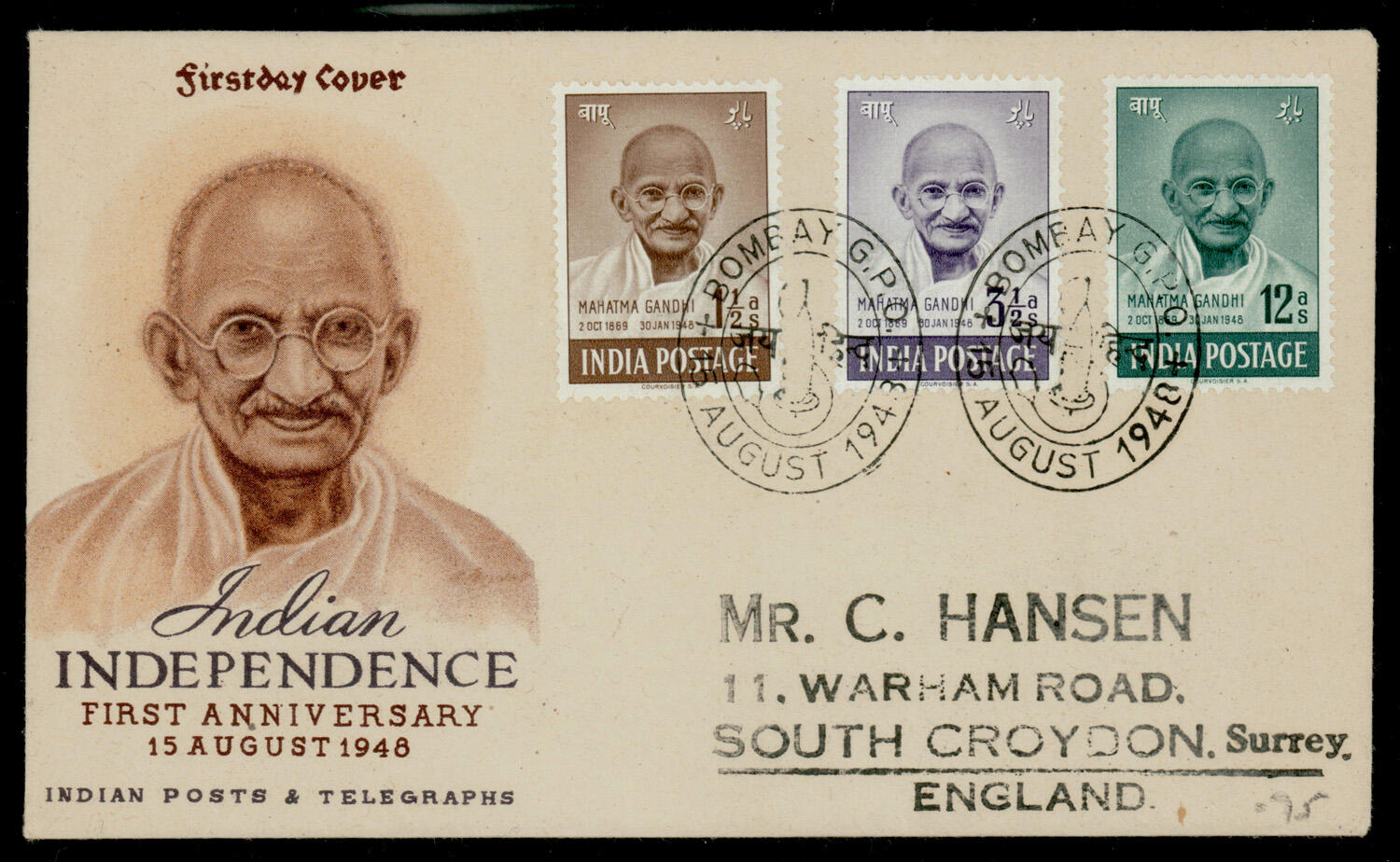 India 1948 Gandhi: 3 values tied by commemorative First Day cancels ...