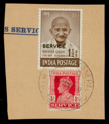 India 1948 Gandhi: 1½a ovpt SERVICE along with GVI 1a on piece tied ...