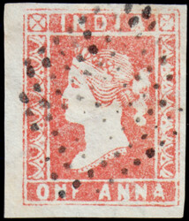 India 1854 lithographs: 1a red, imperf, die I, 4 margins, used, ...