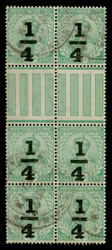India 1922 GV ¼ on ½a bright green, wmk star, blk/6 with gutter ...