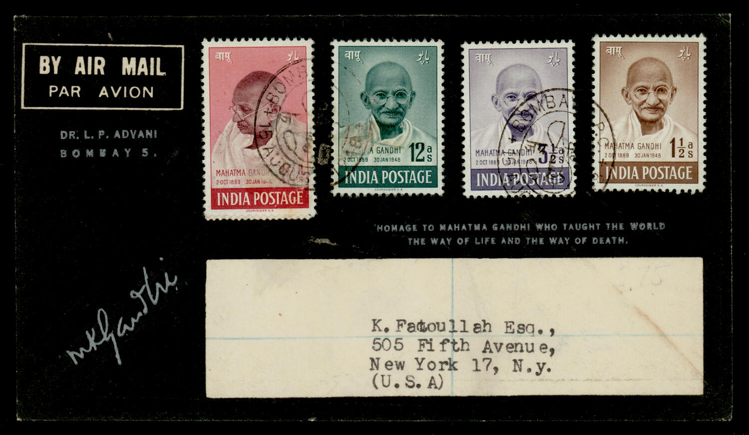 India 1948 Gandhi 4-value mourning cover from Bombay G.P.O. to USA, ...