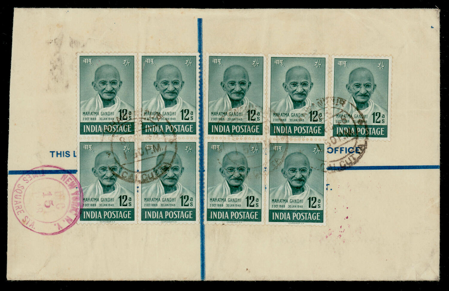 India 1948 Gandhi 12a blk/4 x 2 + single on GV registered stationery ...