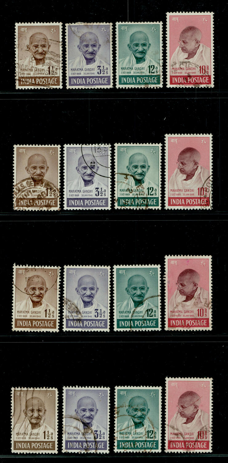 India 1948 Gandhi 4 complete sets to 10r, purple-brown and lake, used ...