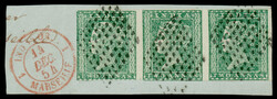 India 1854 2a green, imperf, strip/3 on piece, tied by diamond of ...