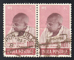 India 1948 Gandhi 10r pair, postally used with "REG" cancel, deep ...