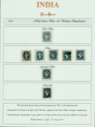 India 1854 ½a blue, die III, imperf, used examples on page showing ...