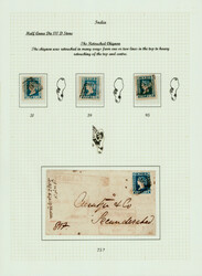 India 1854 ½a blue, die III, imperf, study of retouched chignon, ...