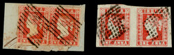 India 1854 1a red, die I, imperf x 2 singles on piece tied by diamond ...