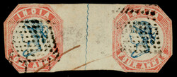India 1854 4a blue and red, imperf, head II, frame I, second printing ...