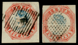 India 1854 4a blue and red, imperf, head II, frame I, second printing ...