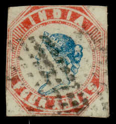 India 1854 4a blue and red, imperf, head II, frame I, second printing ...