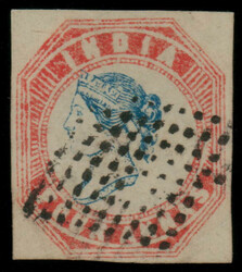 India 1854 4a blue and red, imperf, head III, frame I, third printing ...