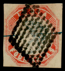 India 1854 4a blue and red, imperf, head III, frame I, third printing ...