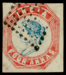 India 1854 4a blue and red, imperf, head III, frame II, fourth ...