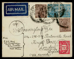 India 1932 GV Airmail cover to UK with 1d Postage Due stamp &amp; ...