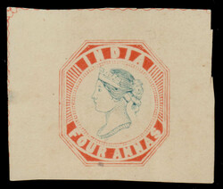 India 1854 QV 4a vermillion and blue essay/reprint on yellowish wove ...