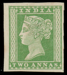 India 1854 QV 2a green essay/reprint on yellowish wove paper