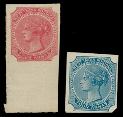 India QV 4a WEST INDIA essay in red, and another in blue, without gum ...