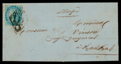 India used in French India: QV ½a tied by C/111 on 1867 cover to ...