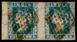 India 1854 QV ½a blue, imperf, die I, horizontal pair, with diamond ...