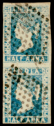 India 1854 QV ½a pale blue, imperf, die I, vertical pair, with ...