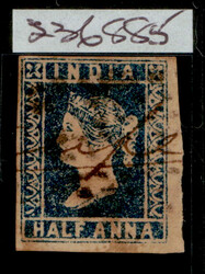 India 1854 QV ½a indigo, imperf, die II, cancelled with diamond of ...