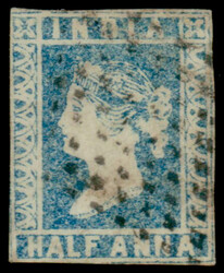 India 1854 QV ½a pale blue, imperf, die I, jewel and chignon retouch ...