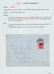 India 1916 (Jun 18) VICEROY's CAMP P.O. cds on cover to Australia